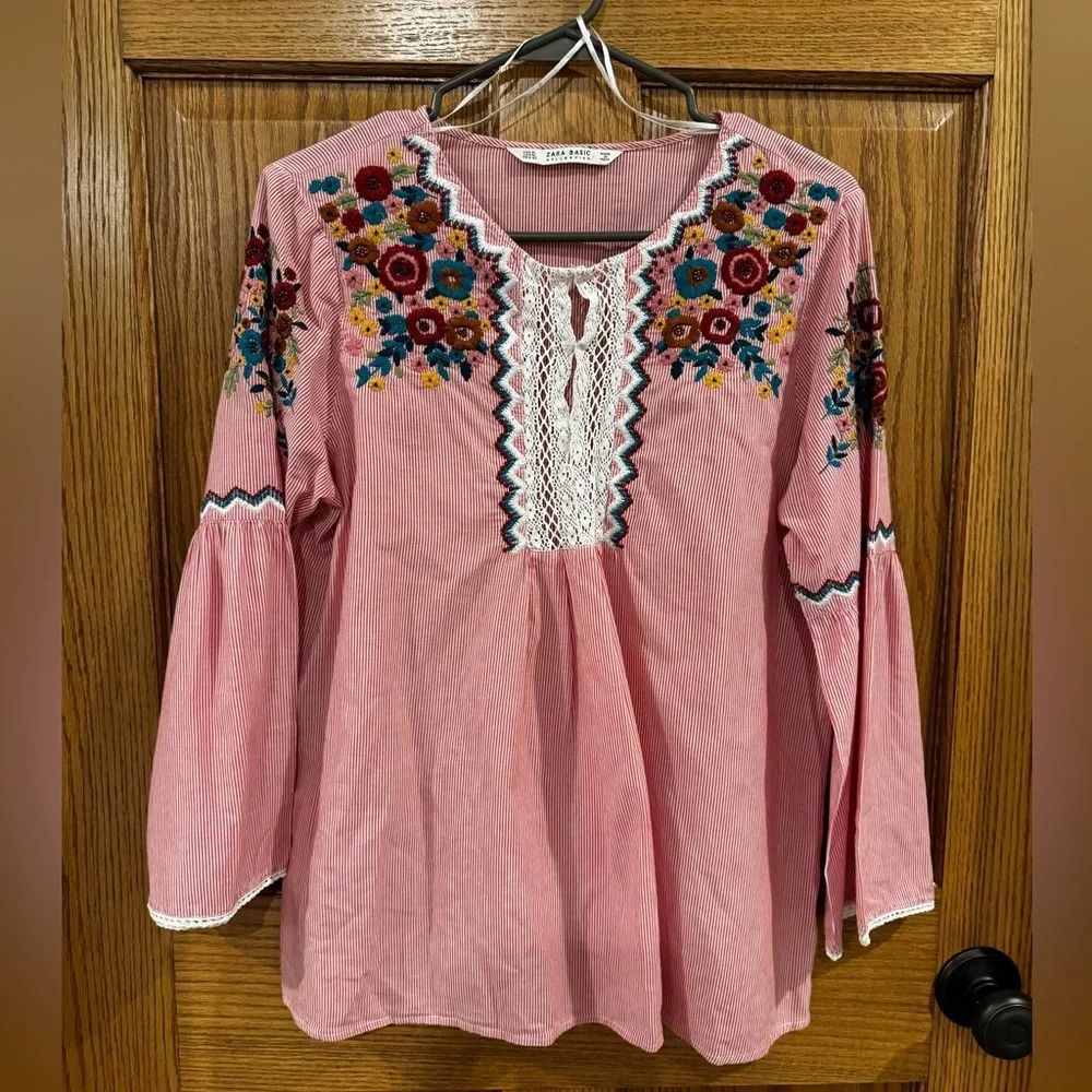 Zara Pink Embroidered Peasant Blouse with Lace Trim